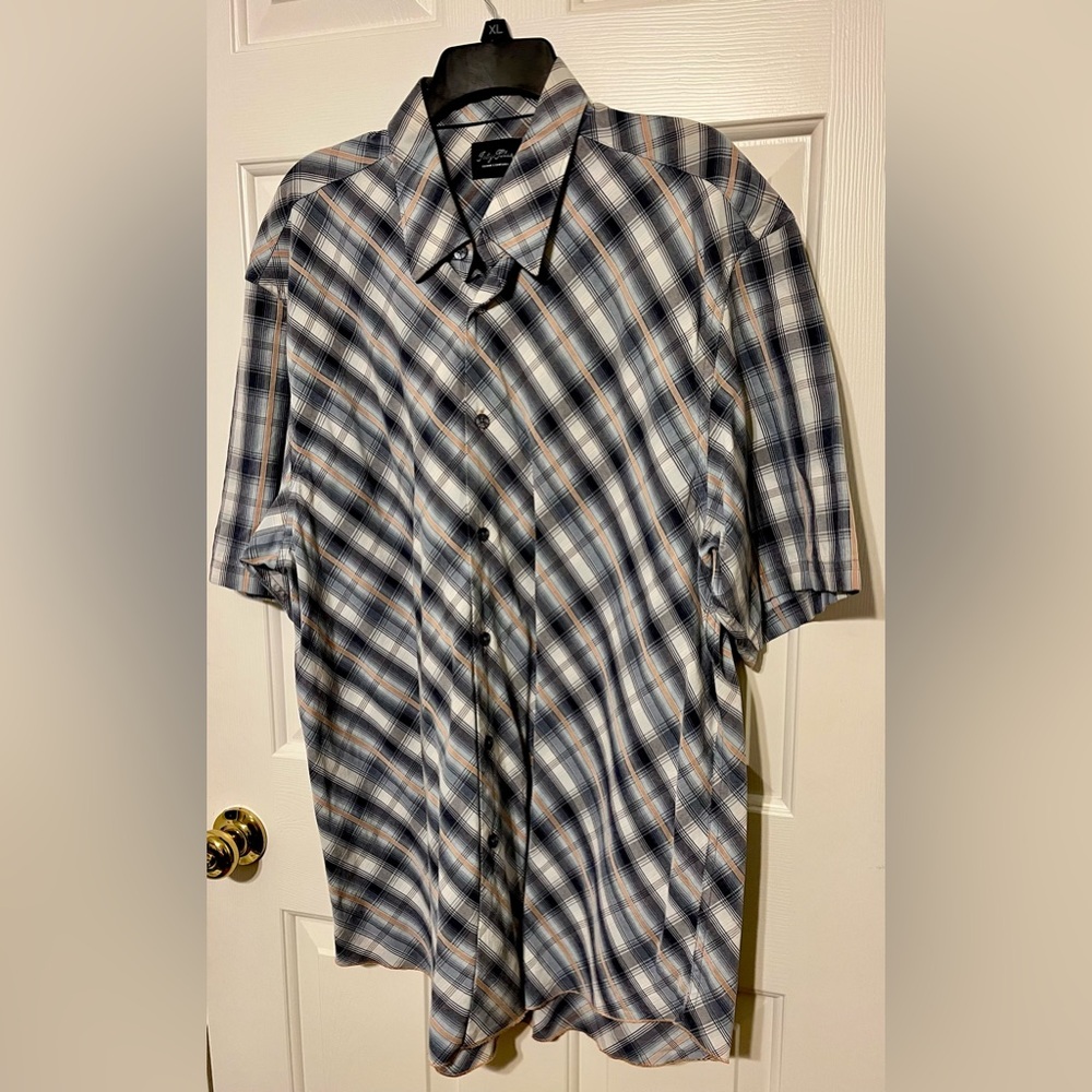 Indigo Palms Men's Plaid Shirt in Blue White Salmon and Gray XL